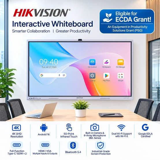 Hikvision interactive whiteboard specifications: 4K UHD, Android 16, 50-point touch, Google EDLA certified, eligible for ECDA grant