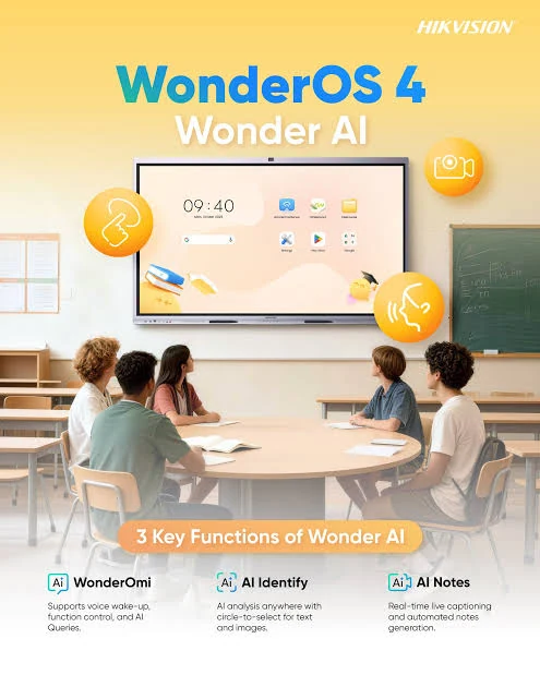 Hikvision WonderOS 4 Wonder AI features: WonderOmi voice control, AI Identify and AI Notes in a classroom